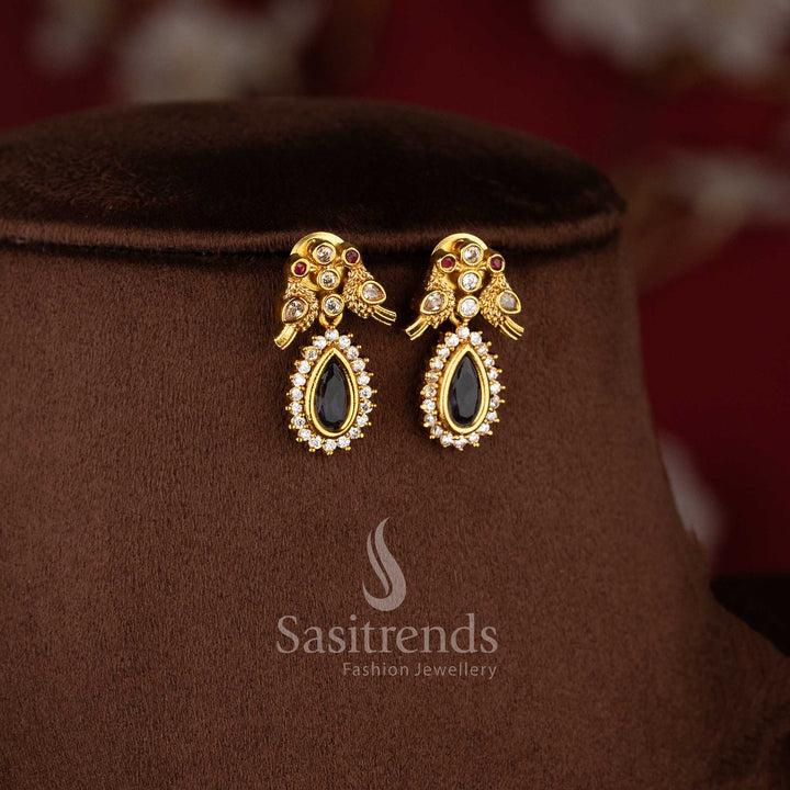 Elegant American Diamond Matte Gold Two Line Chain Necklace Set with Purple Stone Detailing and Dual Layer Traditional Jewellery Design - Sasitrends