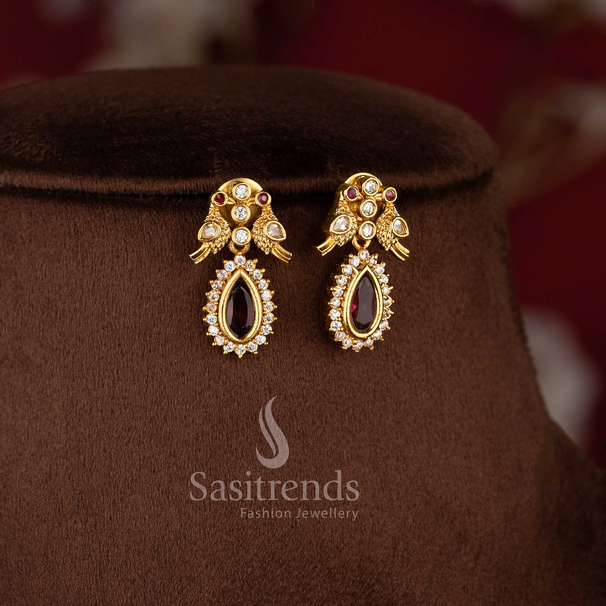 Dual Layer American Diamond Matte Gold Necklace Set featuring Ruby Stone Accents and Traditional Elegant Styling - Sasitrends