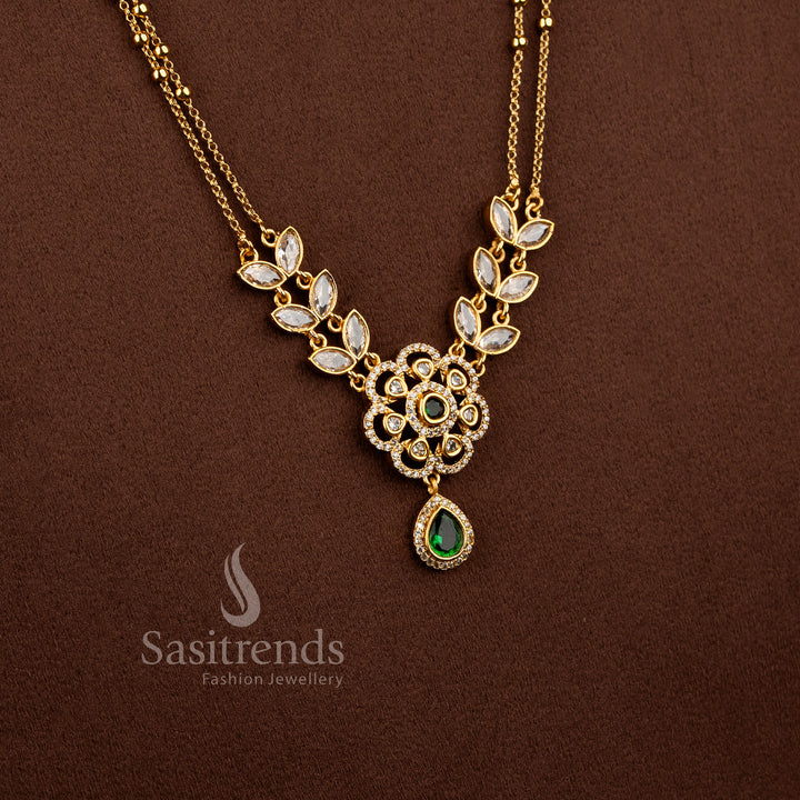 Dual Layer Floral Necklace Jewellery Set with American Diamond stones, Green detailing, and matte gold plated finish - Sasitrends
