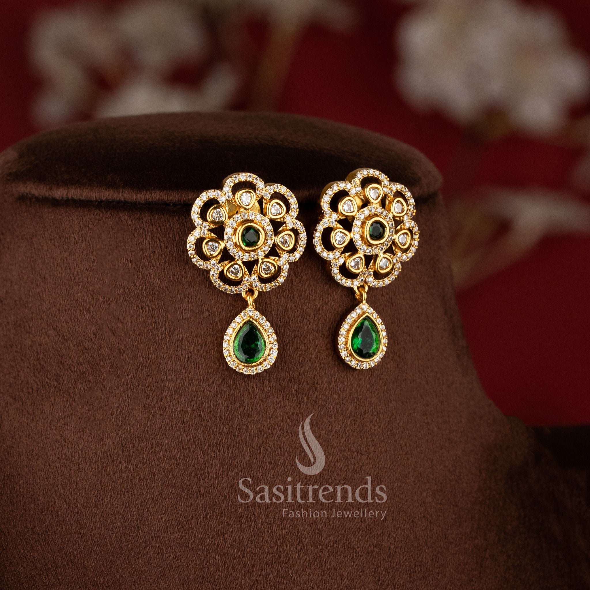 Dual Layer Floral Necklace Jewellery Set with American Diamond stones, Green detailing, and matte gold plated finish - Sasitrends