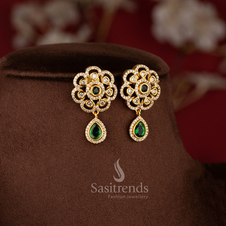 Dual Layer Floral Necklace Jewellery Set with American Diamond stones, Green detailing, and matte gold plated finish - Sasitrends