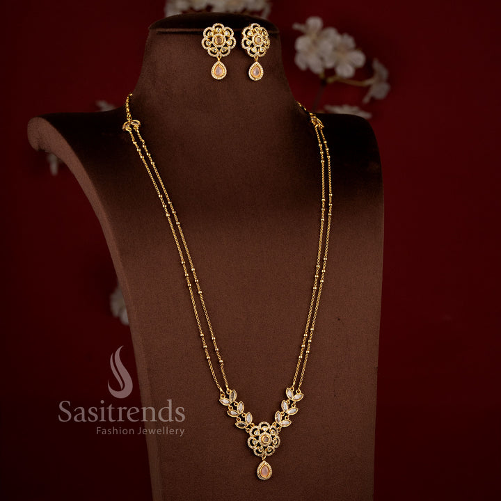Exquisite American Diamond Matte Gold Two Line Floral Necklace Set featuring Pink stone accents and elegant dual layer traditional jewellery design - Sasitrends