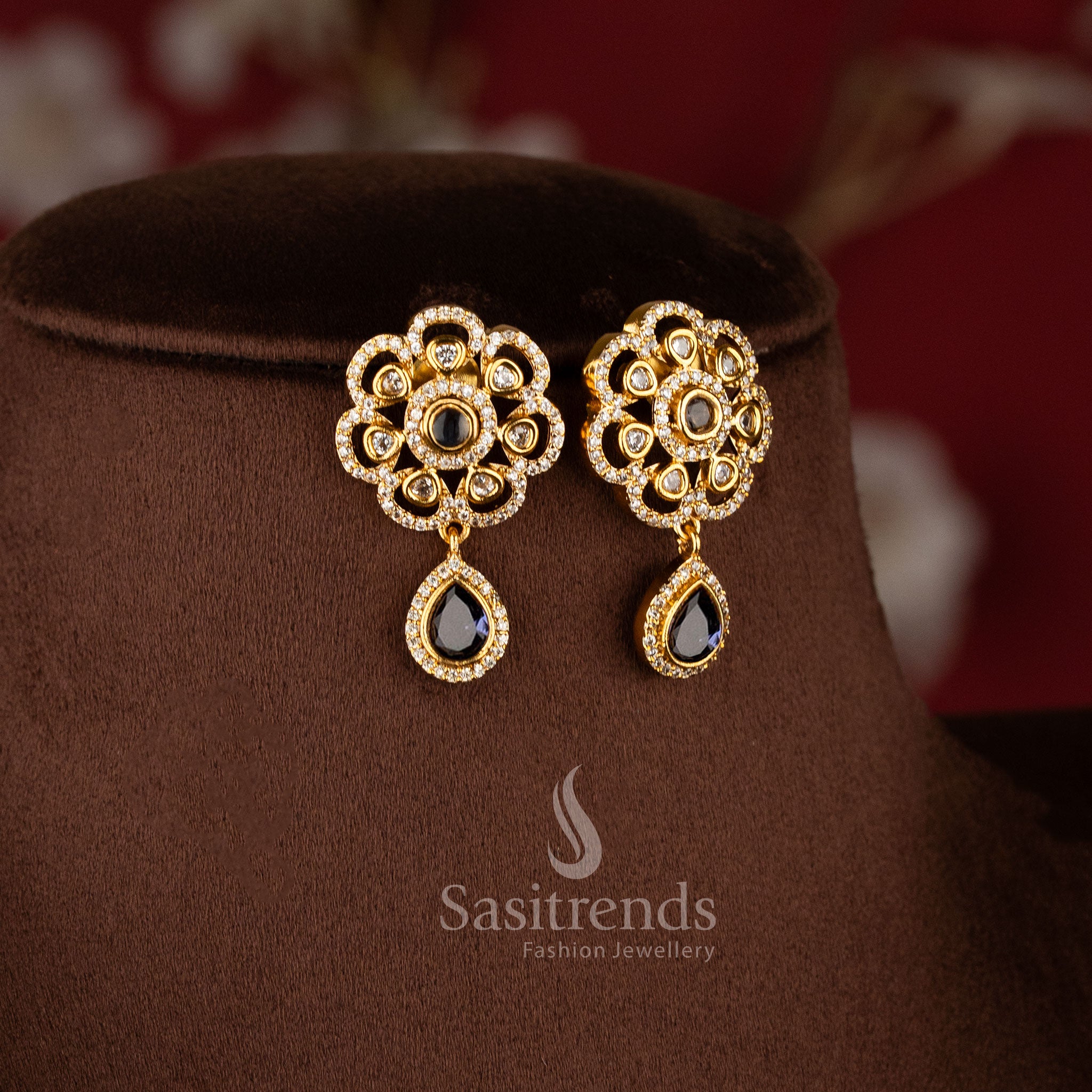 Exquisite American Diamond Matte Gold Two Line Floral Necklace Set featuring Purple stone accents and elegant dual layer traditional jewellery design - Sasitrends