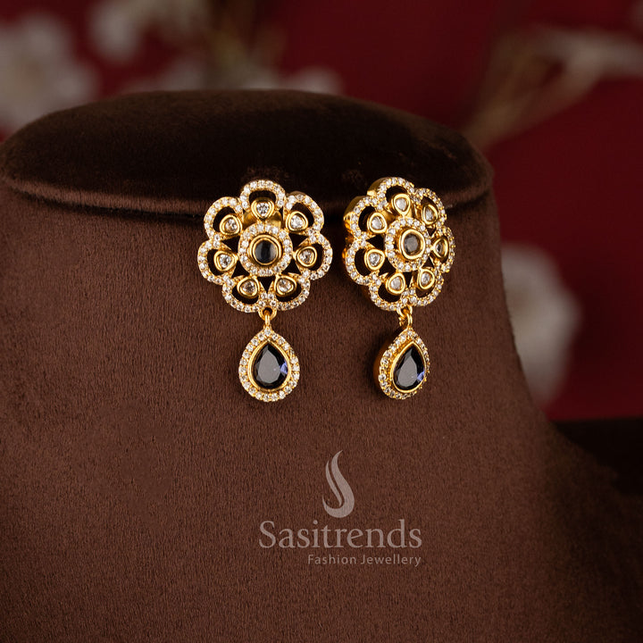 Exquisite American Diamond Matte Gold Two Line Floral Necklace Set featuring Purple stone accents and elegant dual layer traditional jewellery design - Sasitrends