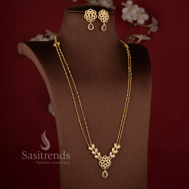 Exquisite American Diamond Matte Gold Two Line Floral Necklace Set featuring Purple stone accents and elegant dual layer traditional jewellery design - Sasitrends