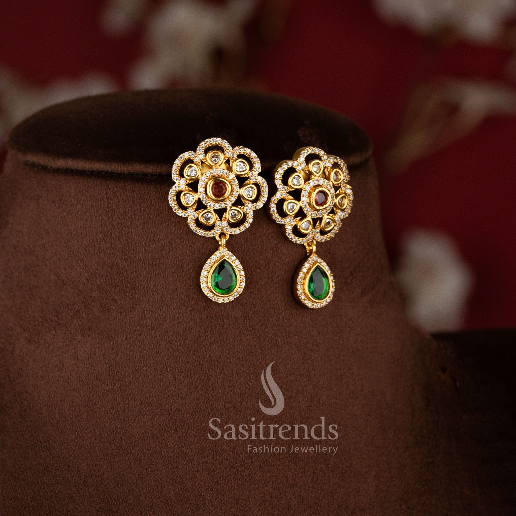 Dual Layer Floral Necklace Jewellery Set with American Diamond stones, Ruby Green detailing, and matte gold plated finish - Sasitrends
