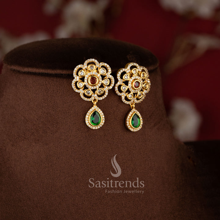 Dual Layer Floral Necklace Jewellery Set with American Diamond stones, Ruby Green detailing, and matte gold plated finish - Sasitrends