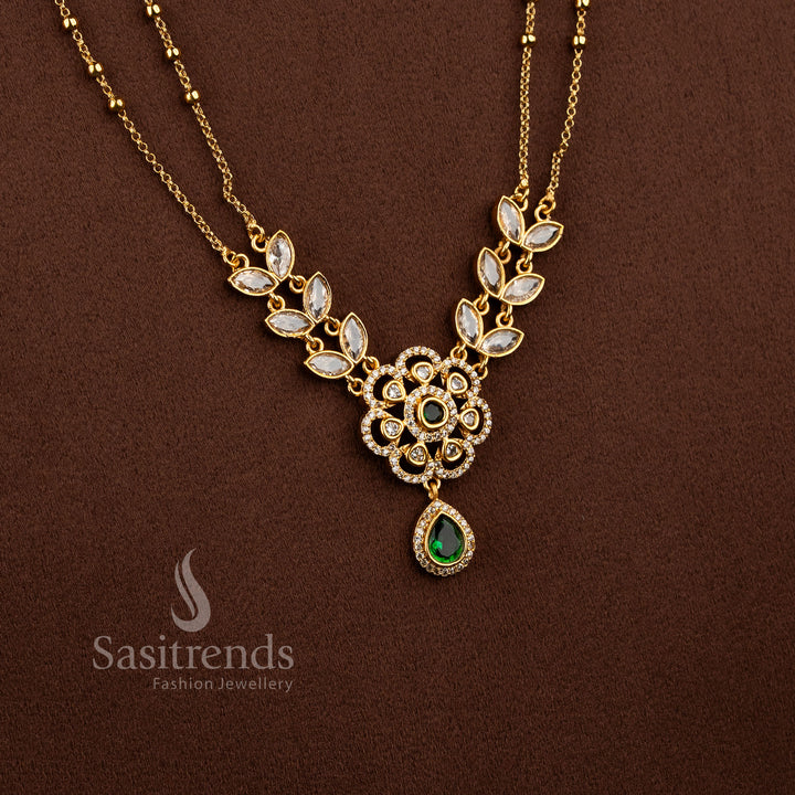 Dual Layer Floral Necklace Jewellery Set with American Diamond stones, Green detailing, and matte gold plated finish - Sasitrends