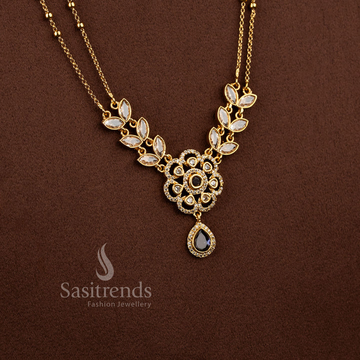 Exquisite American Diamond Matte Gold Two Line Floral Necklace Set featuring Ruby stone accents and elegant dual layer traditional jewellery design - Sasitrends