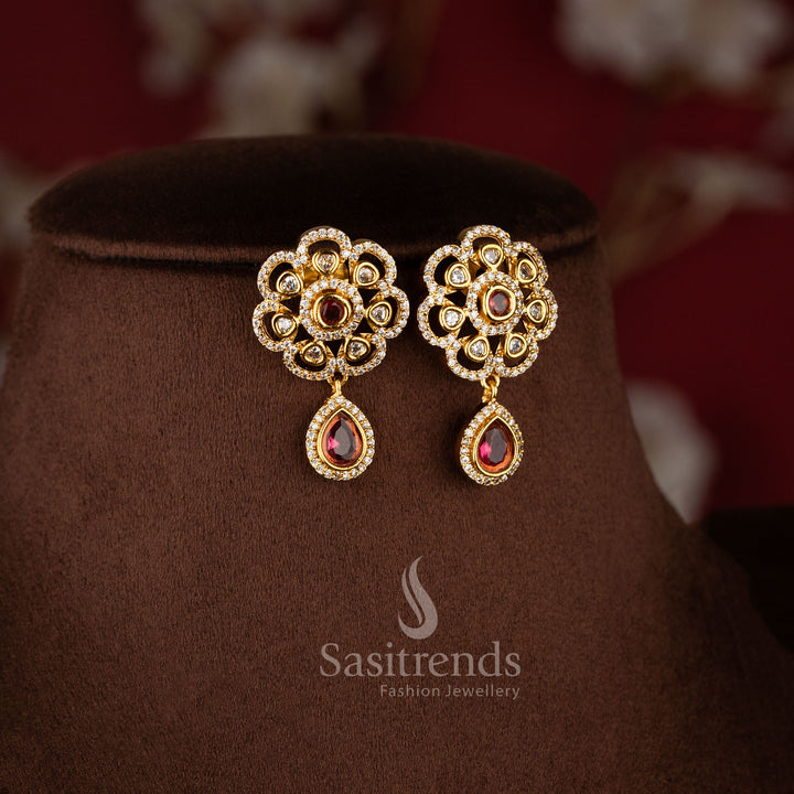Exquisite American Diamond Matte Gold Two Line Floral Necklace Set featuring Ruby stone accents and elegant dual layer traditional jewellery design - Sasitrends