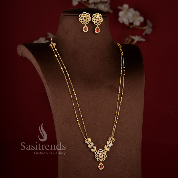 Exquisite American Diamond Matte Gold Two Line Floral Necklace Set featuring Ruby stone accents and elegant dual layer traditional jewellery design - Sasitrends