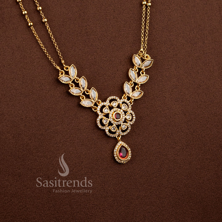 Exquisite American Diamond Matte Gold Two Line Floral Necklace Set featuring Ruby stone accents and elegant dual layer traditional jewellery design - Sasitrends