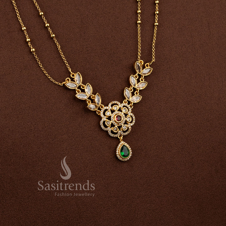 Exquisite American Diamond Matte Gold Two Line Floral Necklace Set featuring Ruby Green stone accents and elegant dual layer traditional jewellery design - Sasitrends