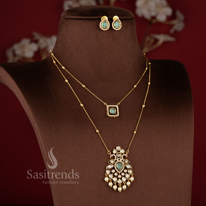 Royal Pearl Peacock Dual Layer Matte Gold Chain Necklace Jewellery Set with AD Stones, pearl drops, and elegant traditional pendant design - Sasitrends