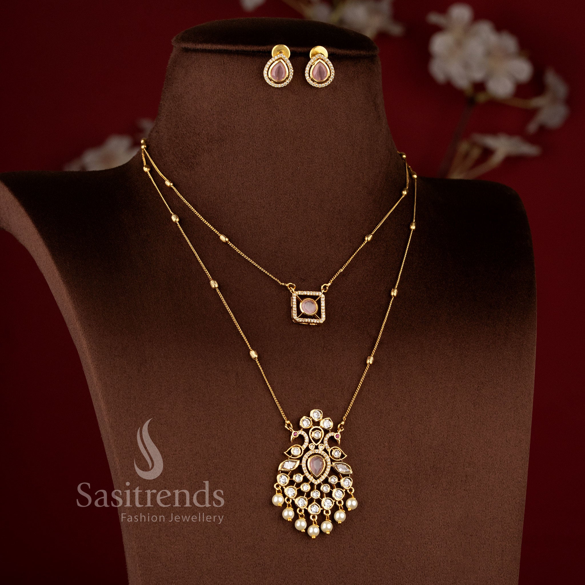 Royal Pearl Peacock Dual Layer Matte Gold Chain Necklace Jewellery Set with AD Stones, pearl drops, and elegant traditional pendant design - Sasitrends