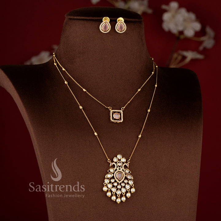 Royal Pearl Peacock Dual Layer Matte Gold Chain Necklace Jewellery Set with AD Stones, pearl drops, and elegant traditional pendant design - Sasitrends
