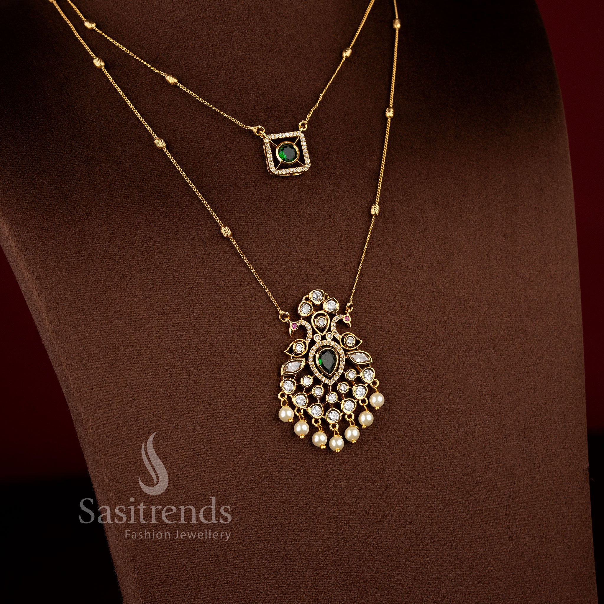 Peacock Pearl Dual Layer Necklace Jewellery Set featuring sparkling AD stones and matte gold finish for festive and bridal wear - Sasitrends
