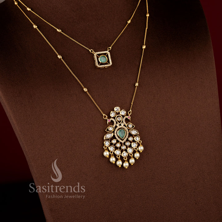 Royal Pearl Peacock Dual Layer Matte Gold Chain Necklace Jewellery Set with AD Stones, pearl drops, and elegant traditional pendant design - Sasitrends