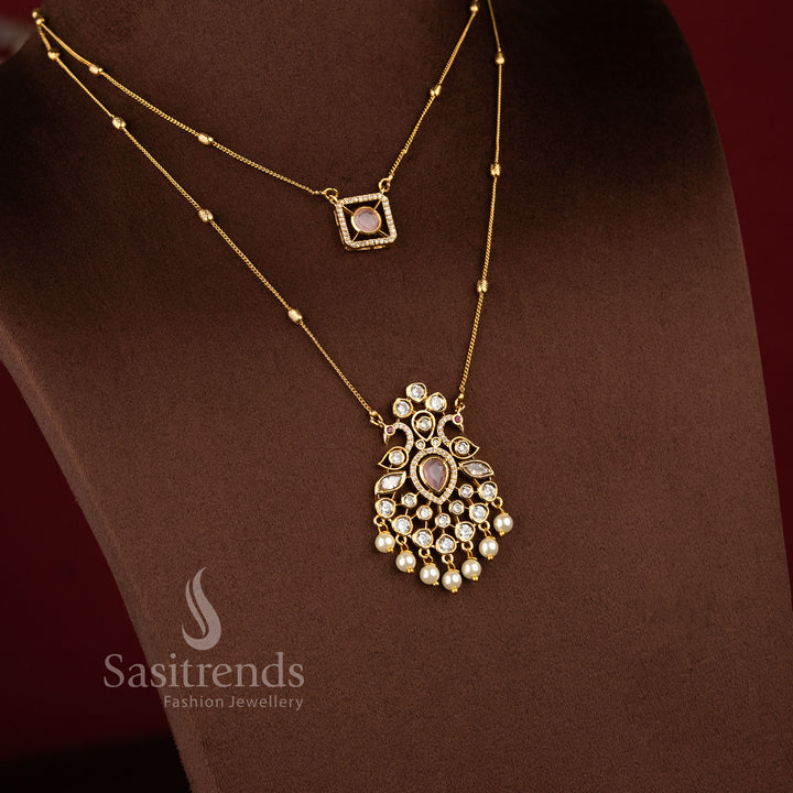 Royal Pearl Peacock Dual Layer Matte Gold Chain Necklace Jewellery Set with AD Stones, pearl drops, and elegant traditional pendant design - Sasitrends