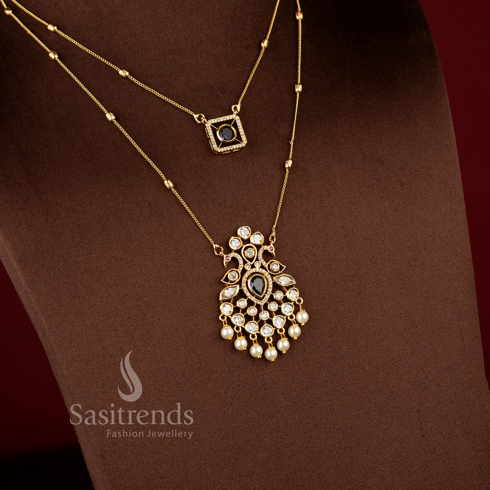 Royal Pearl Peacock Dual Layer Matte Gold Chain Necklace Jewellery Set with AD Stones, pearl drops, and elegant traditional pendant design - Sasitrends