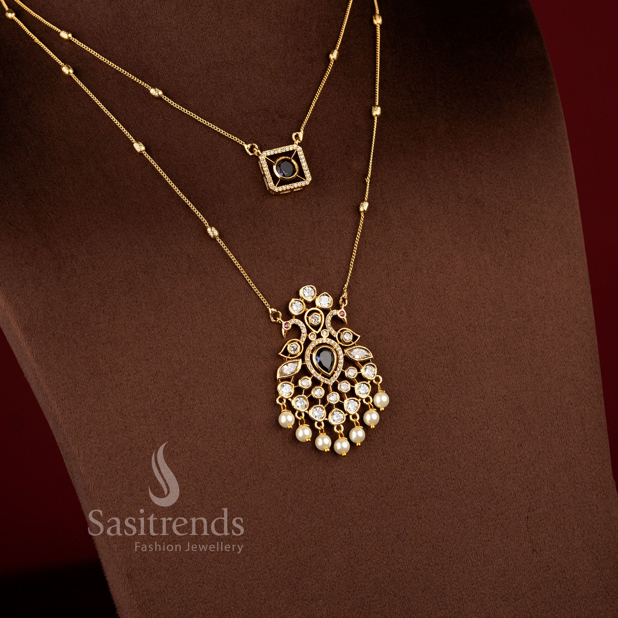 Royal Pearl Peacock Dual Layer Matte Gold Chain Necklace Jewellery Set with AD Stones, pearl drops, and elegant traditional pendant design - Sasitrends