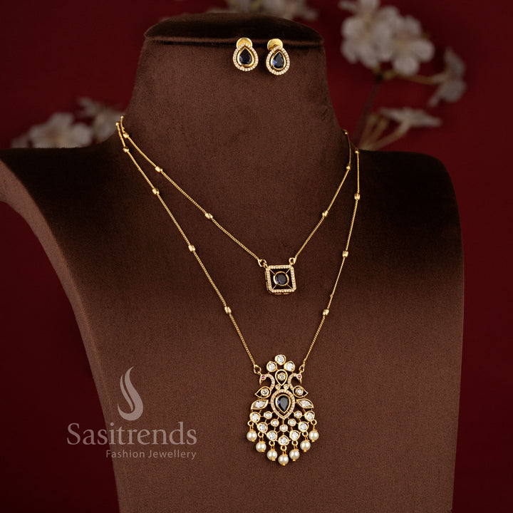 Royal Pearl Peacock Dual Layer Matte Gold Chain Necklace Jewellery Set with AD Stones, pearl drops, and elegant traditional pendant design - Sasitrends