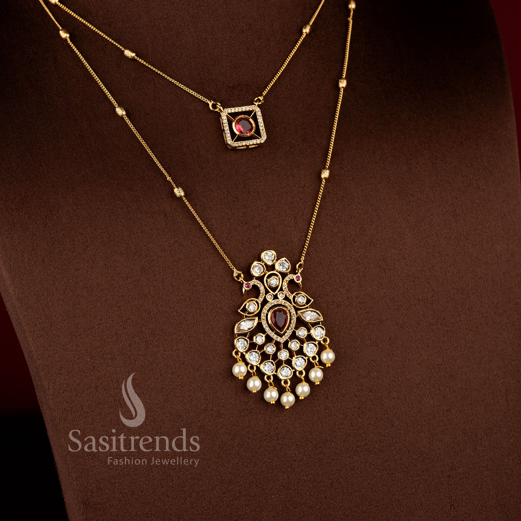 Traditional Peacock Pendant Dual Layer Chain Necklace Set with pearl detailing and American Diamond stone embellishments - Sasitrends