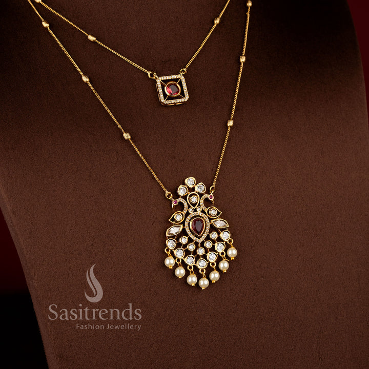 Traditional Peacock Pendant Dual Layer Chain Necklace Set with pearl detailing and American Diamond stone embellishments - Sasitrends