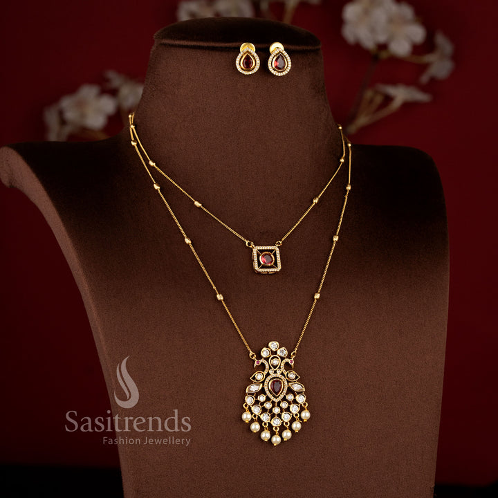 Royal Pearl Peacock Dual Layer Matte Gold Chain Necklace Jewellery Set with AD Stones, pearl drops, and elegant traditional pendant design - Sasitrends