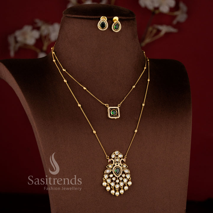 Royal Pearl Peacock Dual Layer Matte Gold Chain Necklace Jewellery Set with AD Stones, pearl drops, and elegant traditional pendant design - Sasitrends
