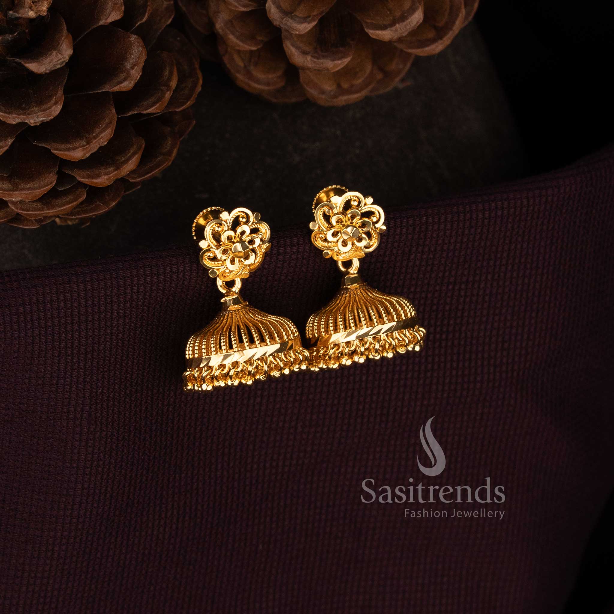 Sasitrends micro gold plated traditional jhumka earrings with intricate dome design and hanging detailing 