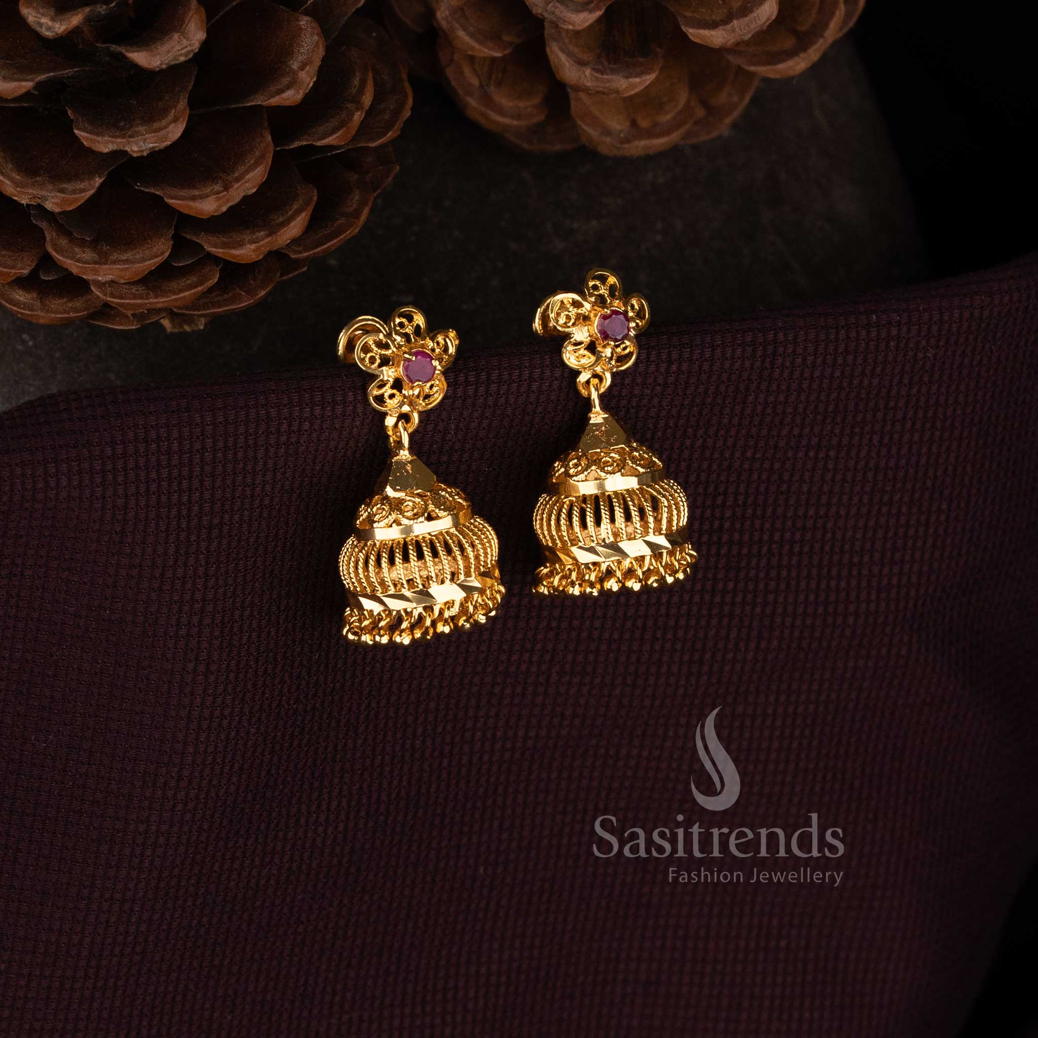 Sasitrends temple style jhumka earrings collection with detailed patterns and classic structure
