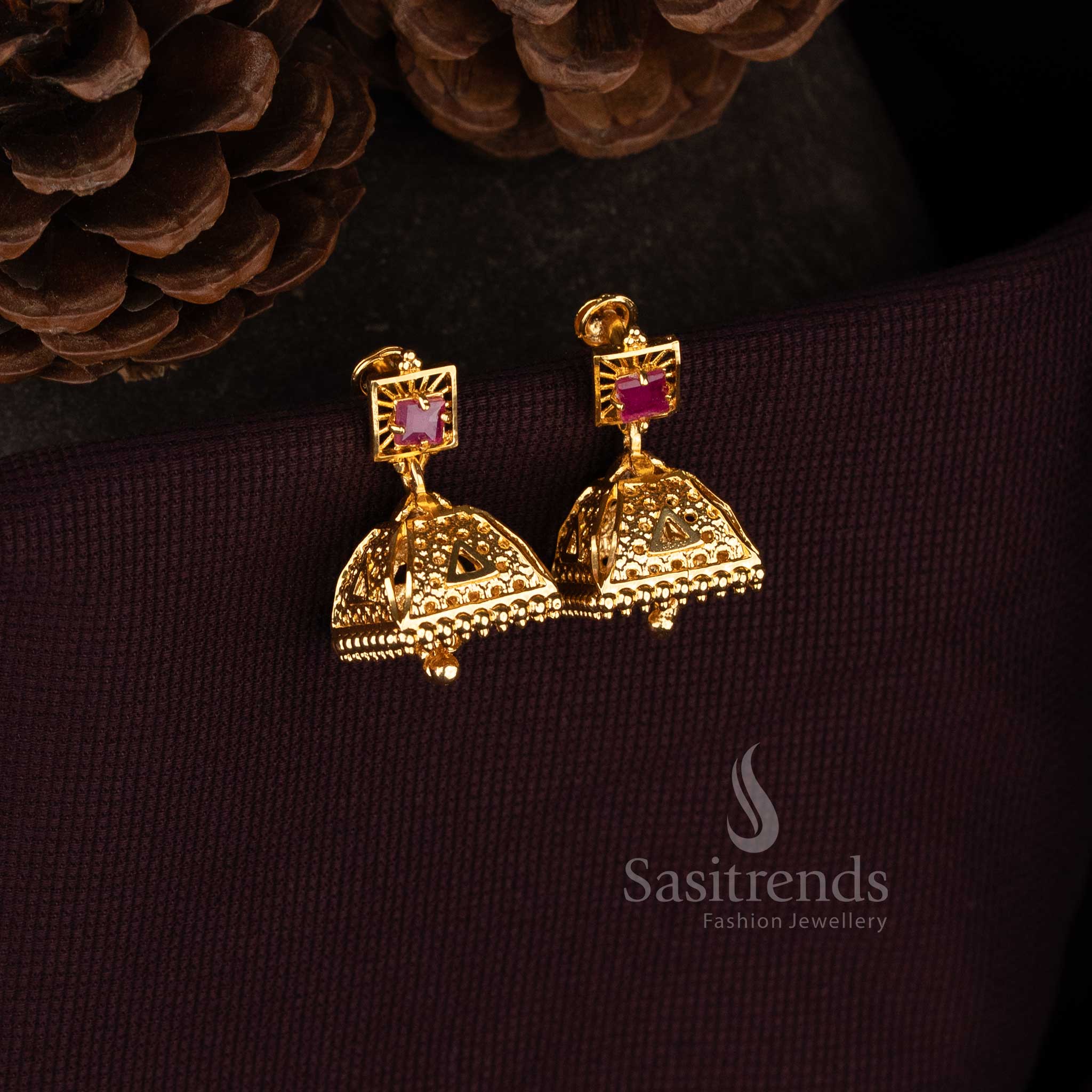Sasitrends temple style jhumka earrings collection with detailed patterns and classic structure 