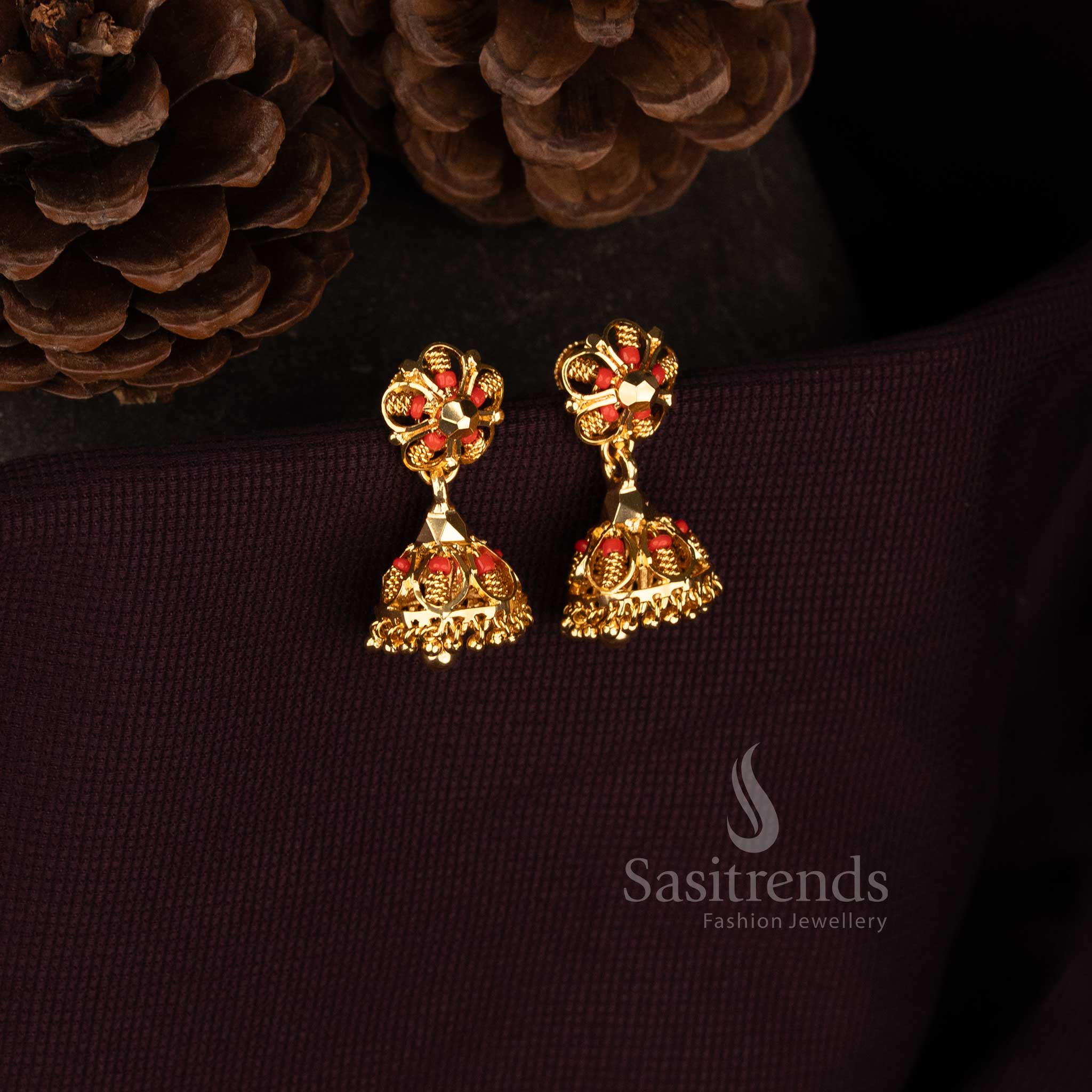 Sasitrends pearl jhumka earrings with dome design and coral drops  