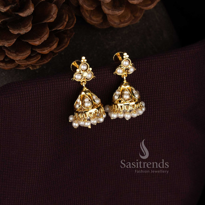 Guaranteed One Gram Micro Gold Plated Pearl Dome Jhumka Earrings | Perfect for Festive Occasions & Traditional Attire