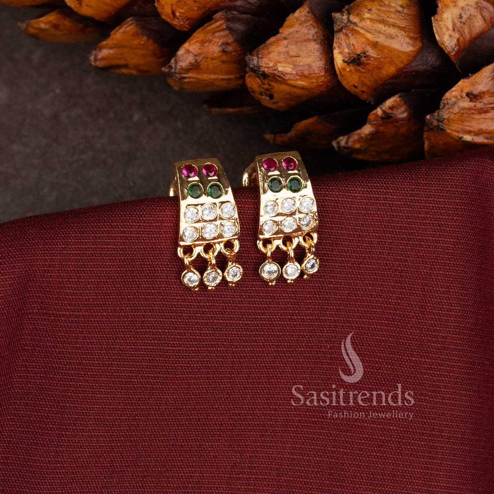 Traditional South Indian shield style earrings with white American Diamonds and ruby pink stones 2943B - Sasitrends