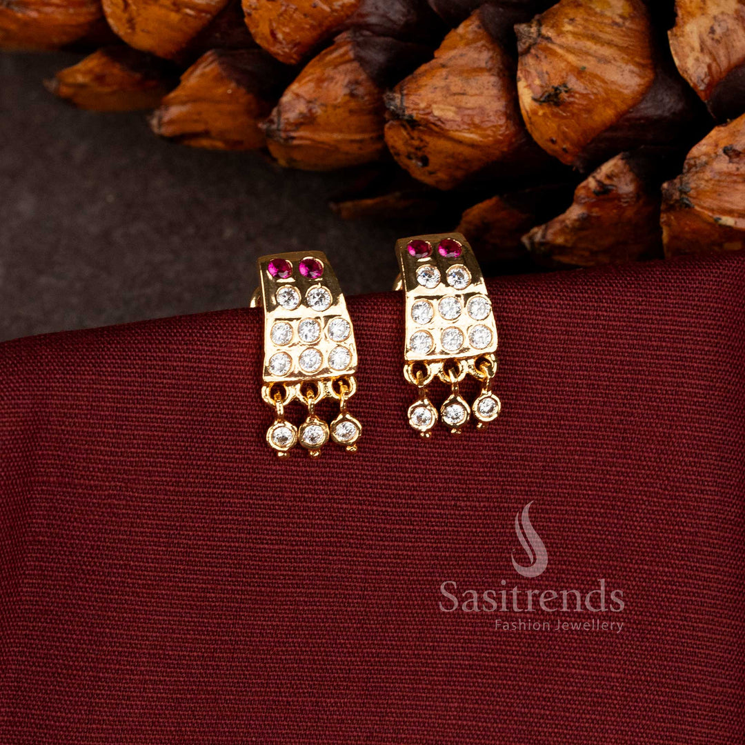 Traditional South Indian Impon shield style earrings with white American Diamonds and ruby pink stones 2943B - Sasitrends