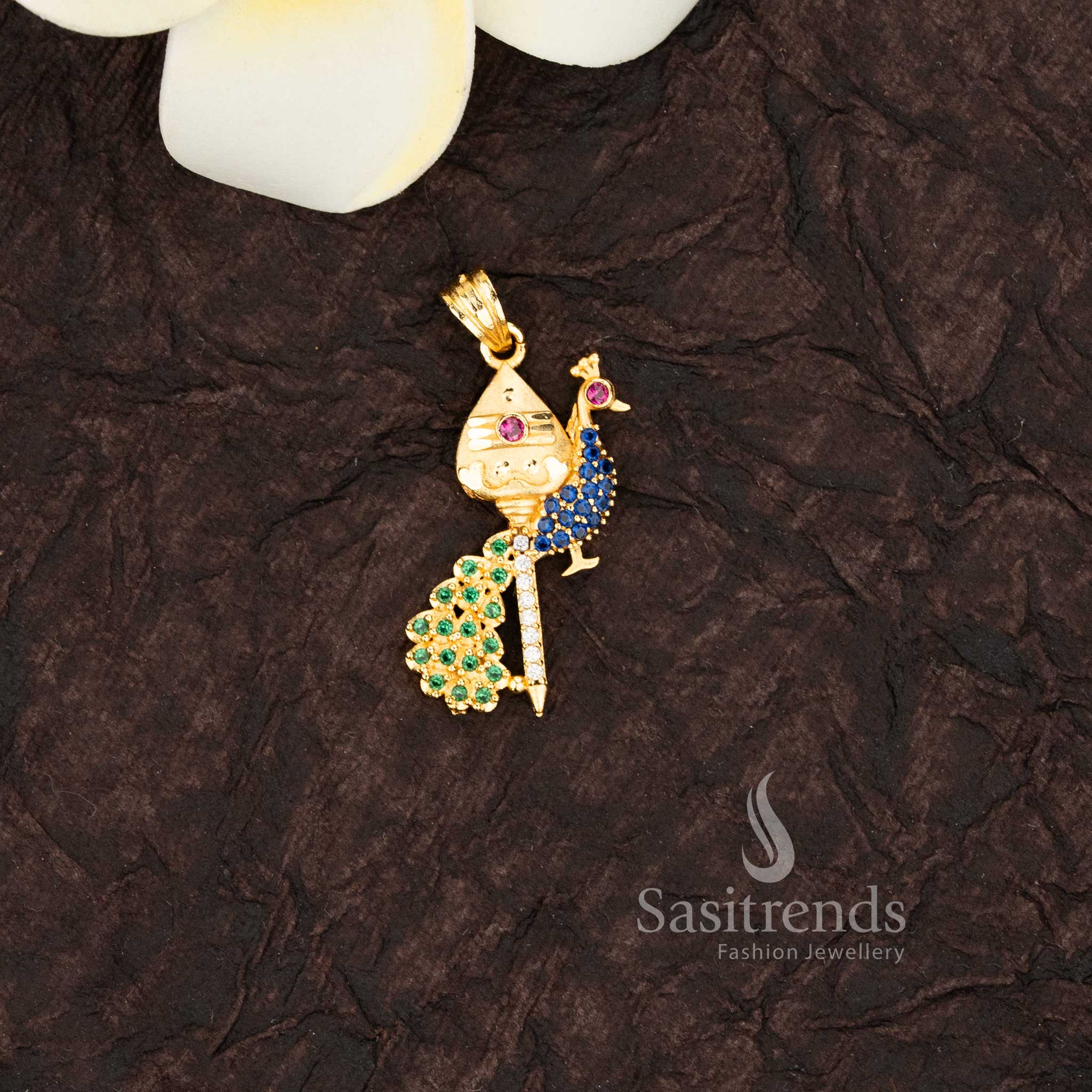 Exquisite traditional gold plated peacock design pendant with multi sparkling american diamonds - Sasitrends