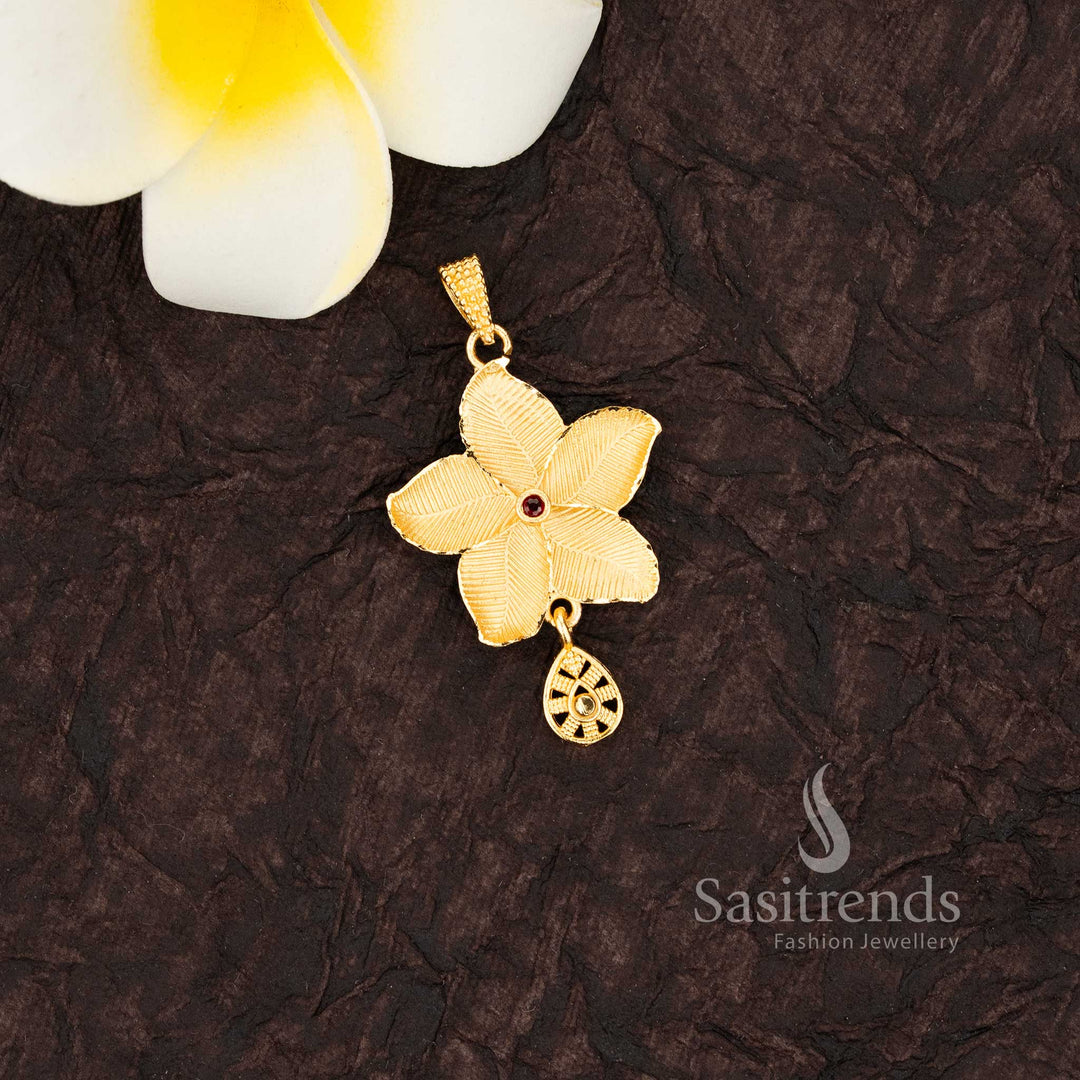 Modern floral bloom gold plated pendant with intricate filigree teardrop dangler - Sasitrends