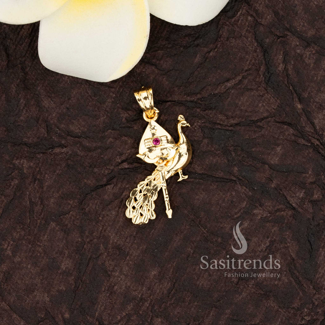 Traditional gold metal peacock and vel designer pendant with ruby stone accent