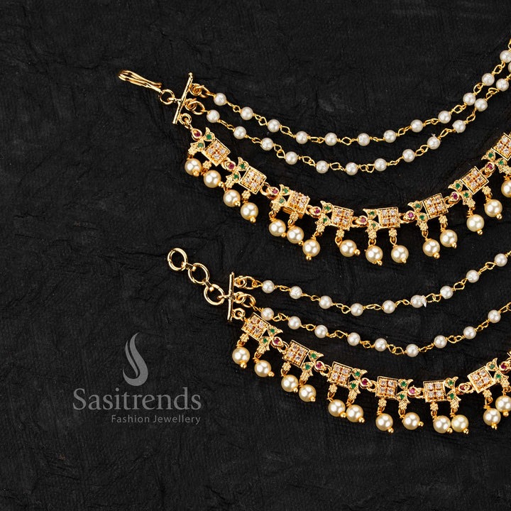 Micro gold plated ear chains featuring peacock motif with AD stones and pearl drop detailing in elegant design - Sasitrends
