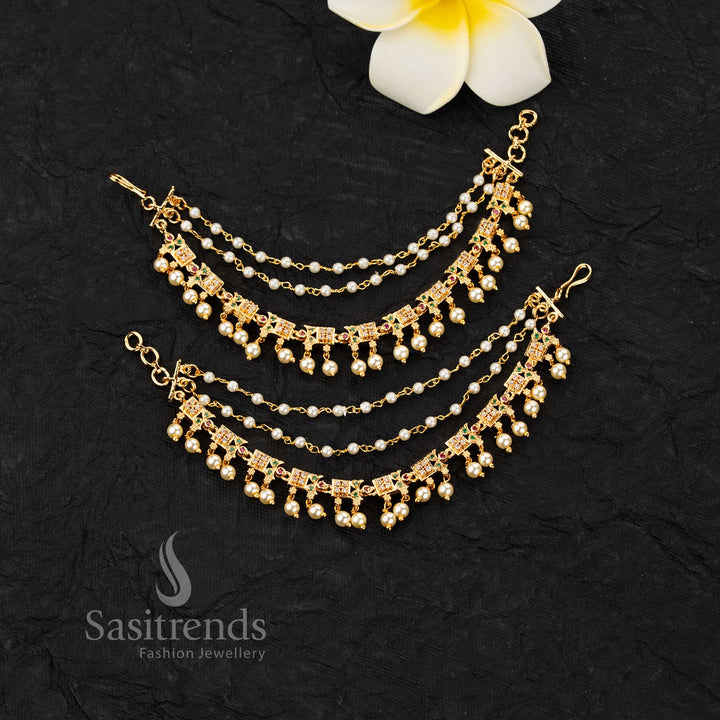 Elegant Curved Motif with AD Stones and Pearl Drops Multi-Strand Ear Chains (Matil) in Micro Gold Plated Finish – Sasitrends