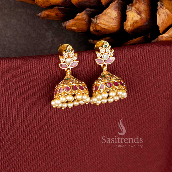 24K Micro Gold Plated Traditional AD Stone Jhumka Earrings with Hanging Pearls – Sasitrends