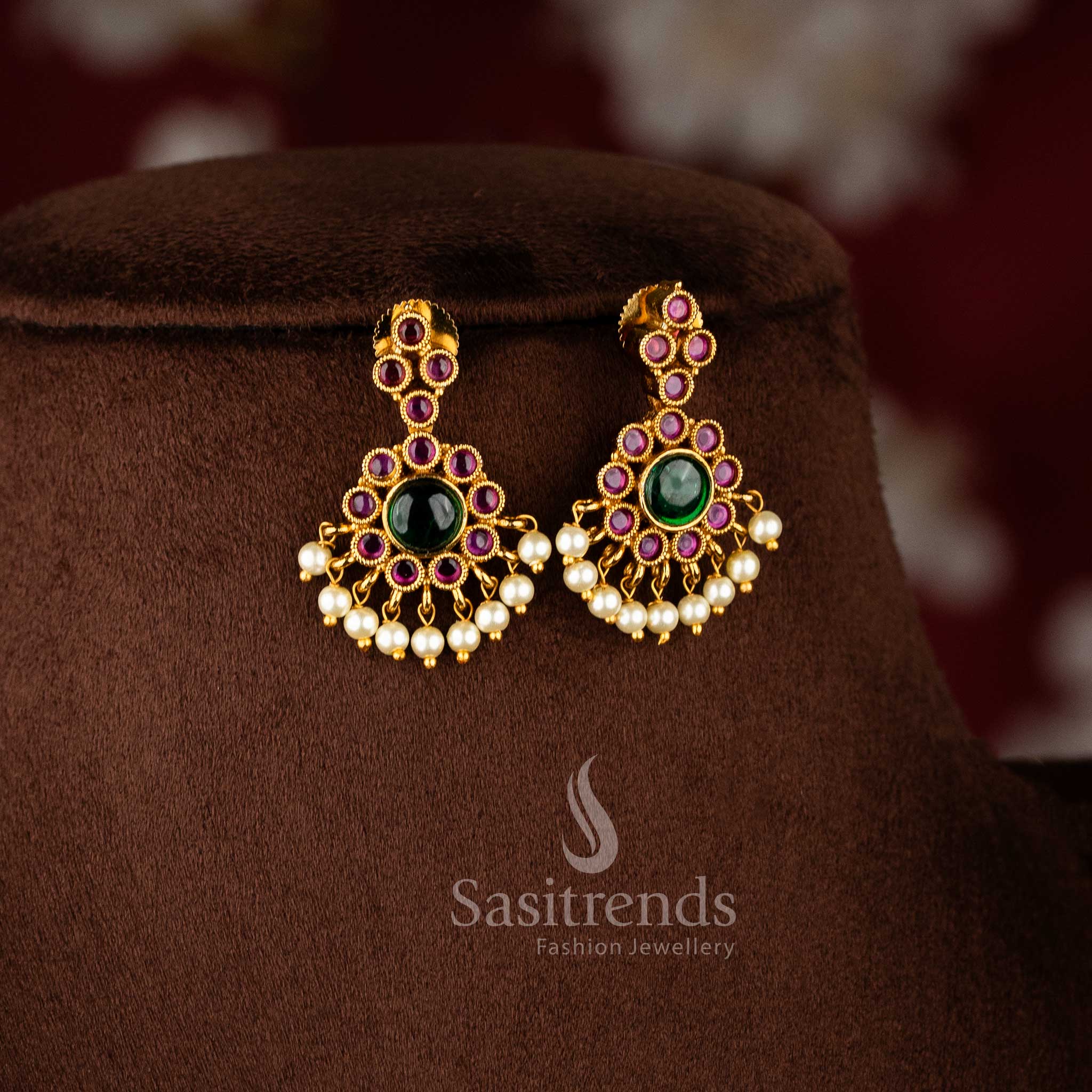 Traditional Temple matte gold plated long necklace set with matching crescent earrings - Sasitrends