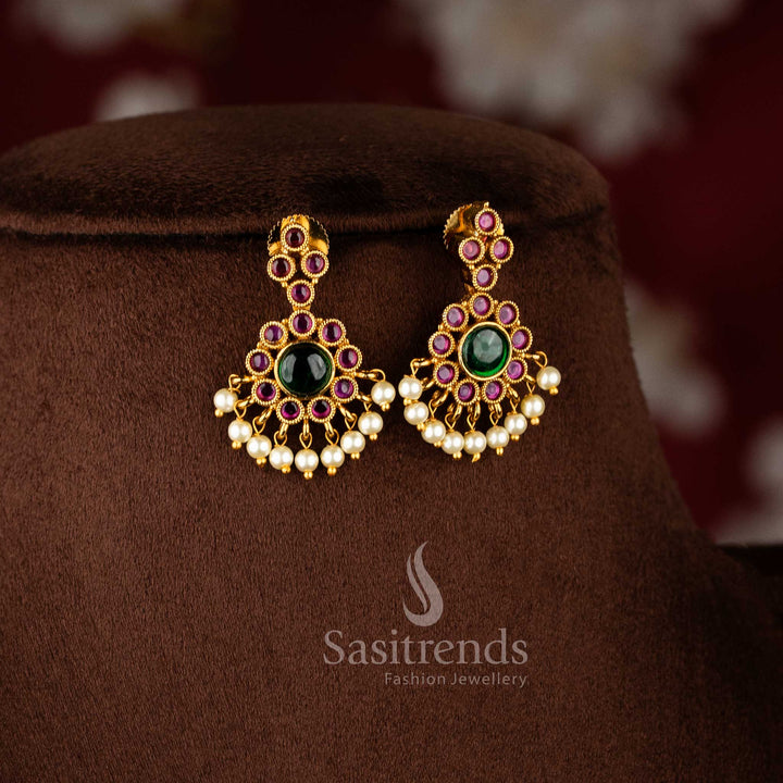 Traditional Temple matte gold plated long necklace set with matching crescent earrings - Sasitrends
