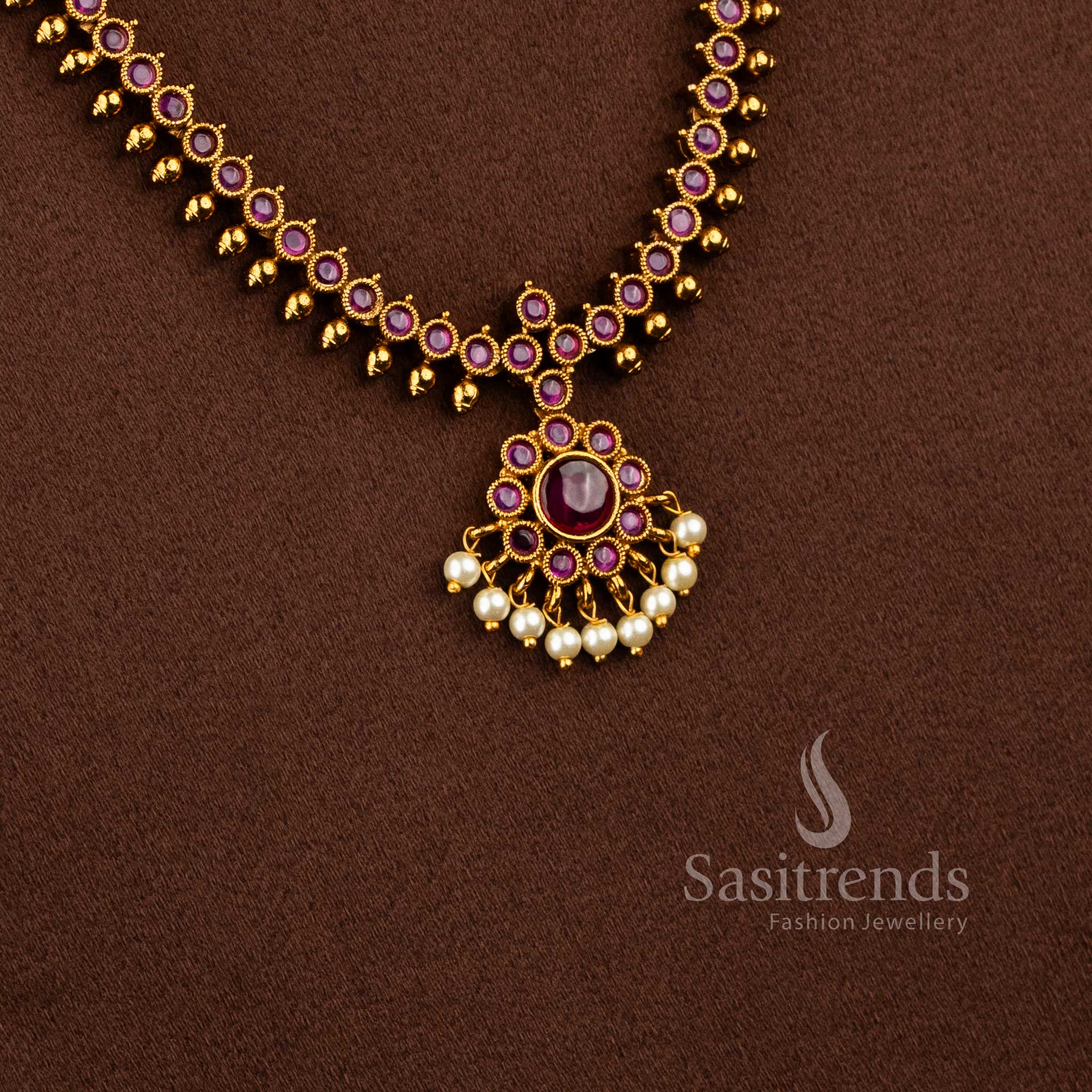 Traditional Temple matte gold plated long necklace set with matching crescent earrings - Sasitrends