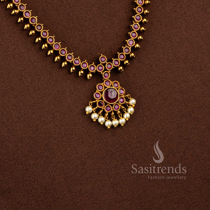 Traditional Temple matte gold plated long necklace set with matching crescent earrings - Sasitrends