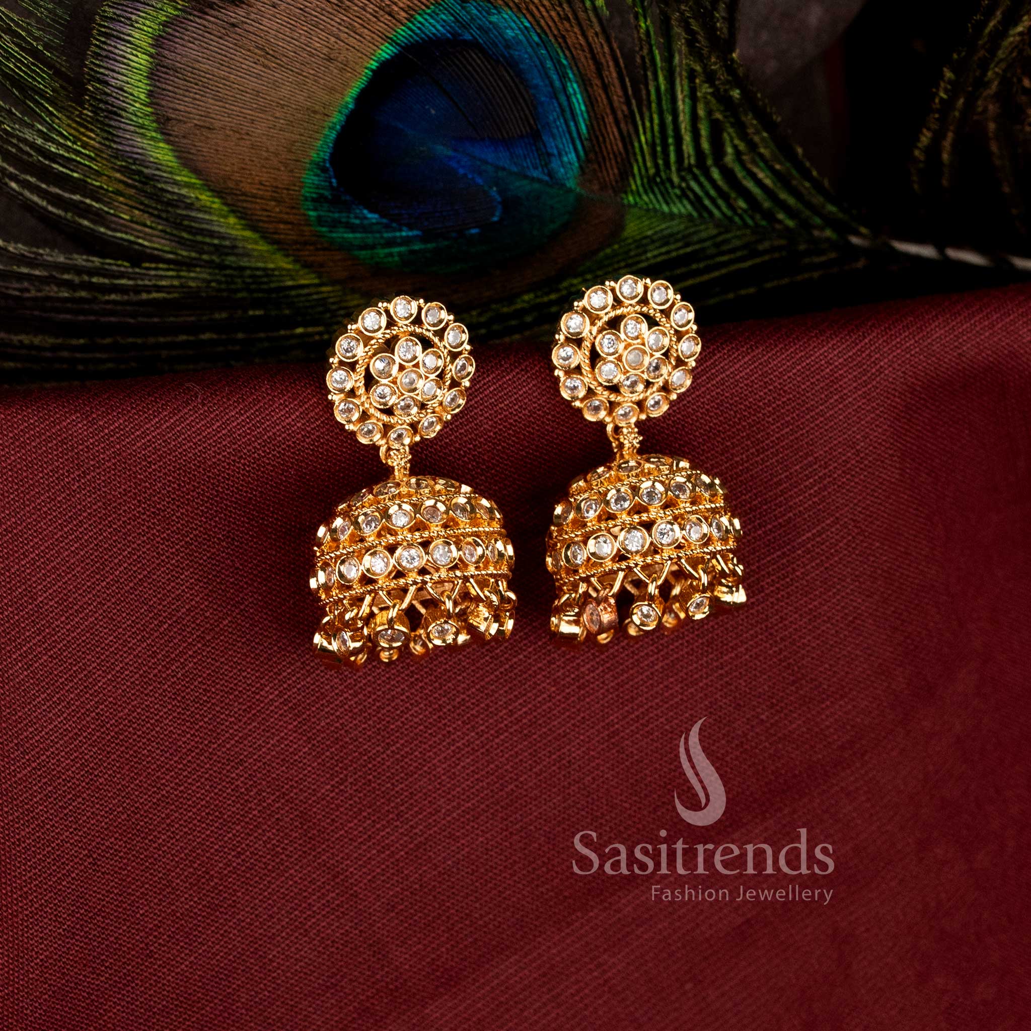 Traditional bell-shaped Impon jhumkas featuring unique stone-studded hangings and gold finish 2948A - Sasitrends