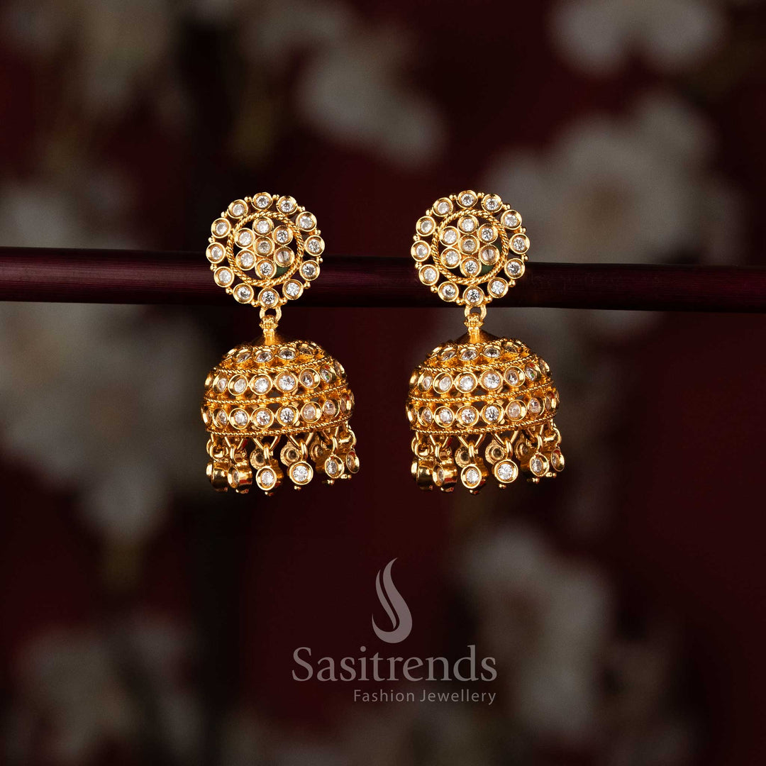 Traditional bell-shaped Impon jhumkas featuring unique stone-studded hangings and gold finish 2948A - Sasitrends