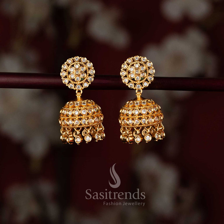Amazing Micro Gold Plated 24K Impon Stone Studded Jhumka Earrings with AD Stone Hangings – Sasitrends